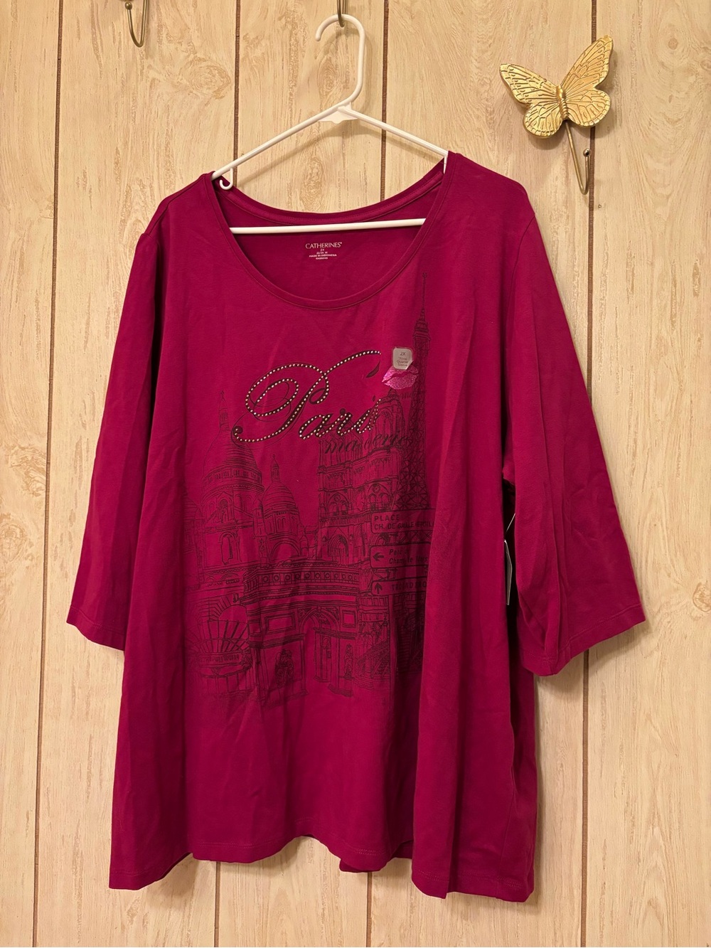 Catherines Plus-Size Magenta Scoop Neck 3/4 Sleeve Tee